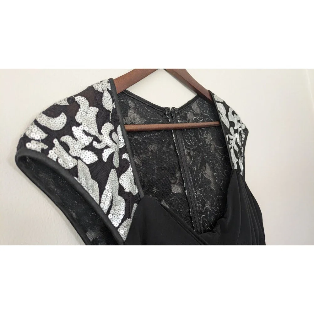 Vtg 90s Y2K Xscape Black Cocktail Dress 12 Hoco Babydoll Stretch Silver Sequin